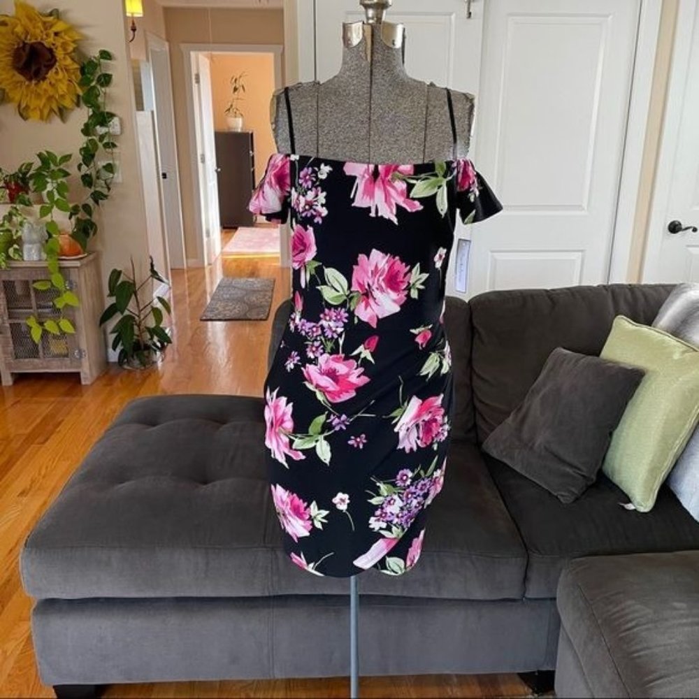 2 &  4 off the shoulder, floral print stretchy cocktail dress